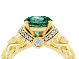 Yellow gold Round Cut Green Sapphire Solitaire Ring with Filigree Band and Four-Prong Setting_28