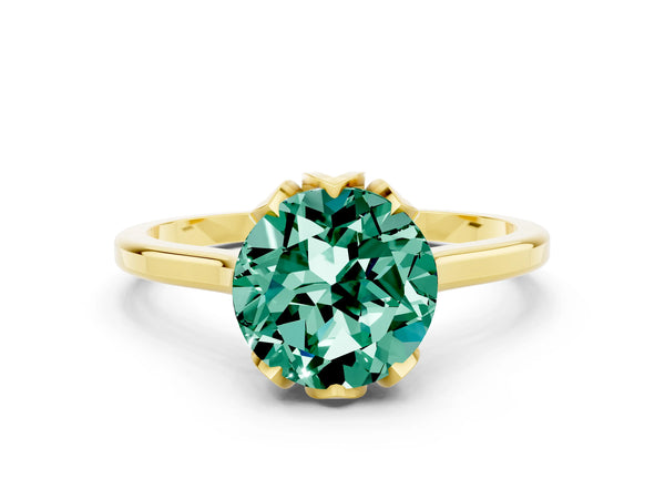 Yellow gold Round Cut Green Sapphire Solitaire Ring with Flower Prong Setting and Classic Band