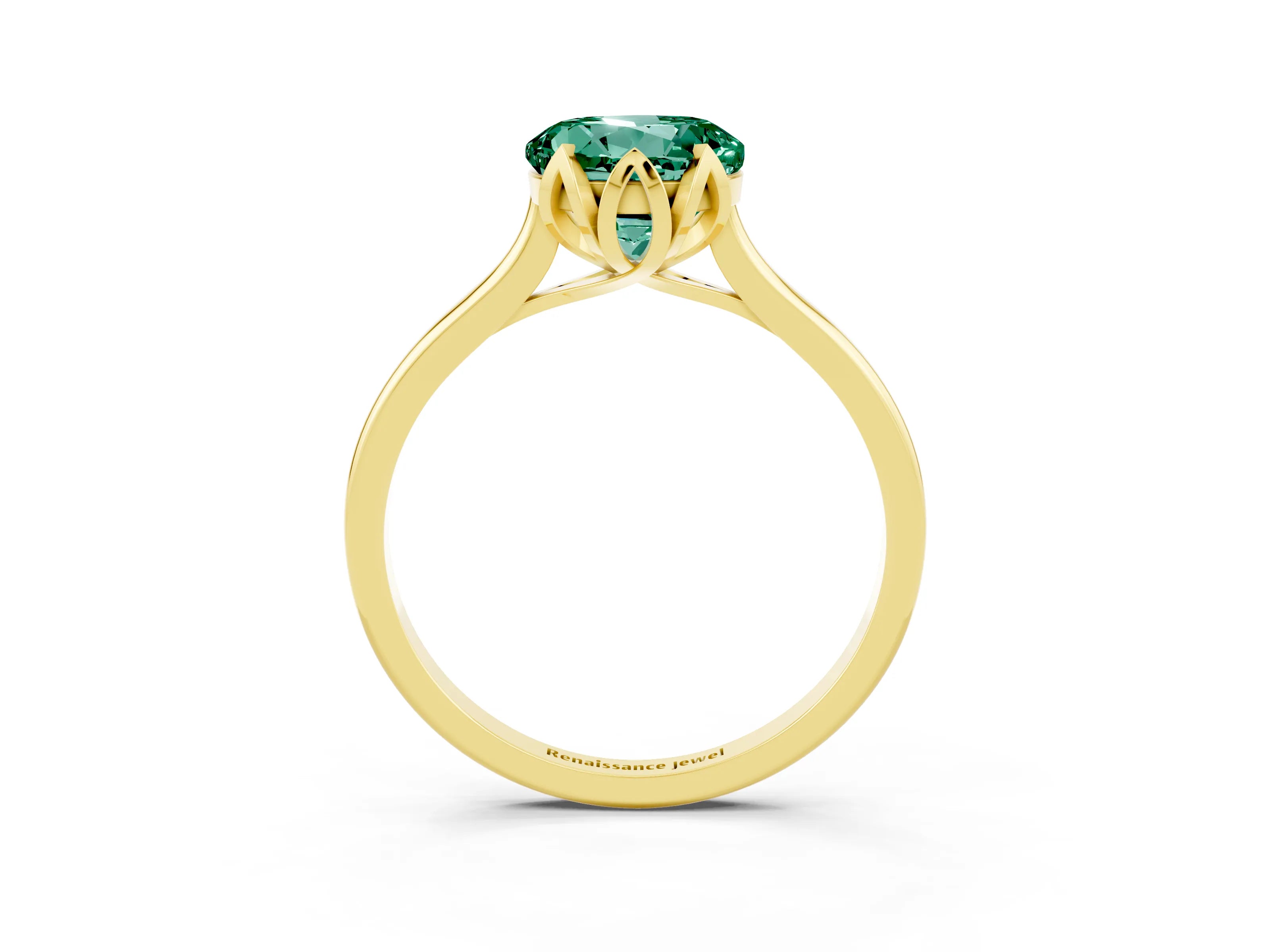 Yellow gold Round Cut Green Sapphire Solitaire Ring with Flower Prong Setting and Classic Band_15