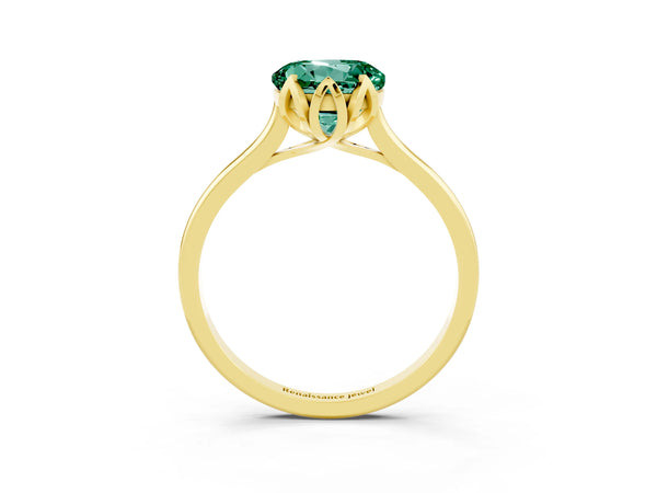 Yellow gold Round Cut Green Sapphire Solitaire Ring with Flower Prong Setting and Classic Band