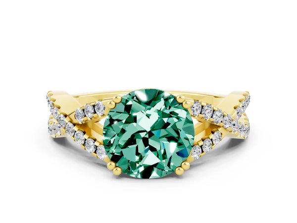 Yellow gold Round Cut Green Sapphire Solitaire Ring with Four-Prong Setting and Twisted Pavé Band