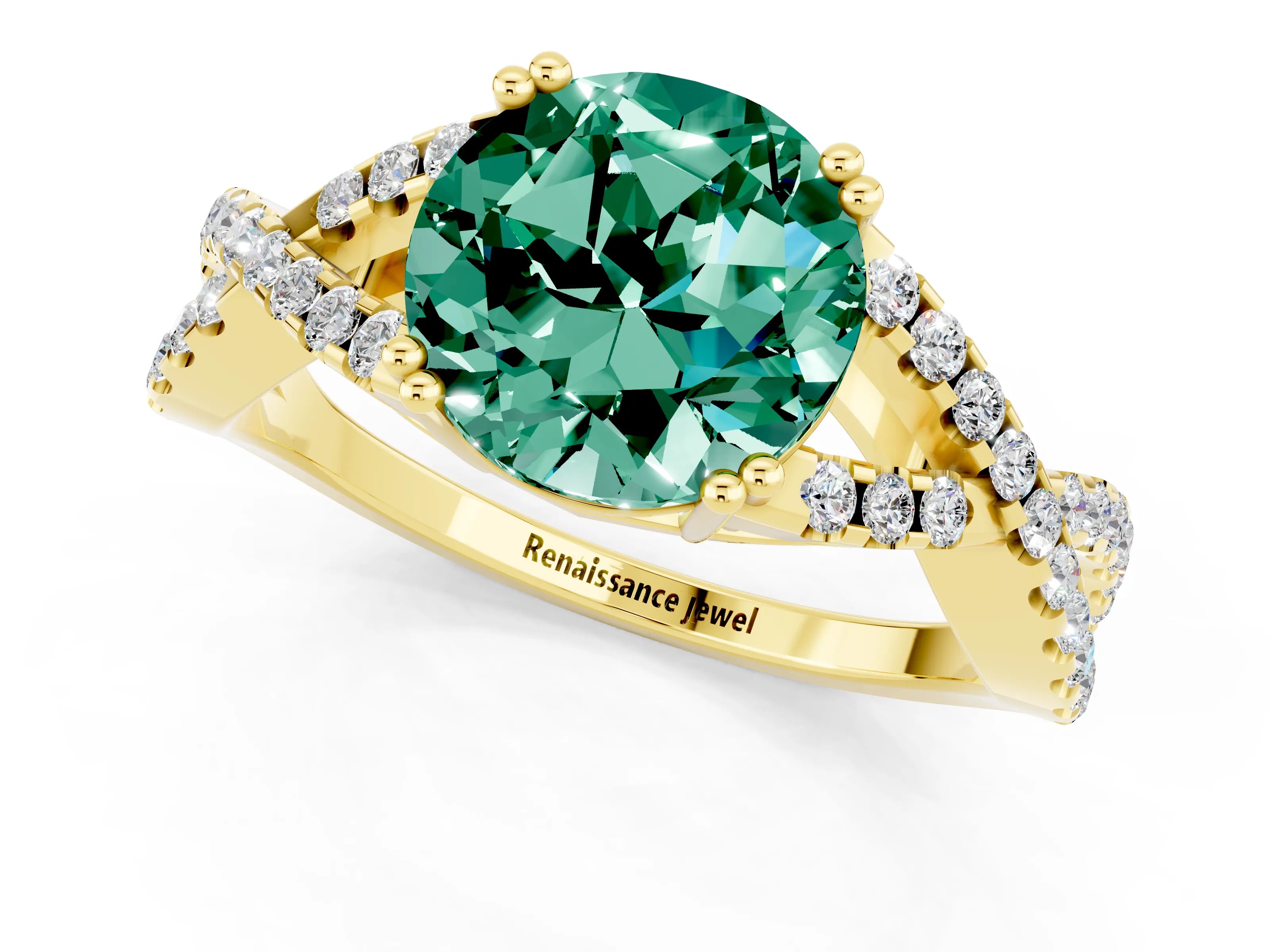 Yellow gold Round Cut Green Sapphire Solitaire Ring with Four-Prong Setting and Twisted Pavé Band_1