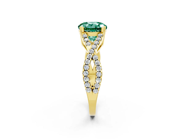 Yellow gold Round Cut Green Sapphire Solitaire Ring with Four-Prong Setting and Twisted Pavé Band