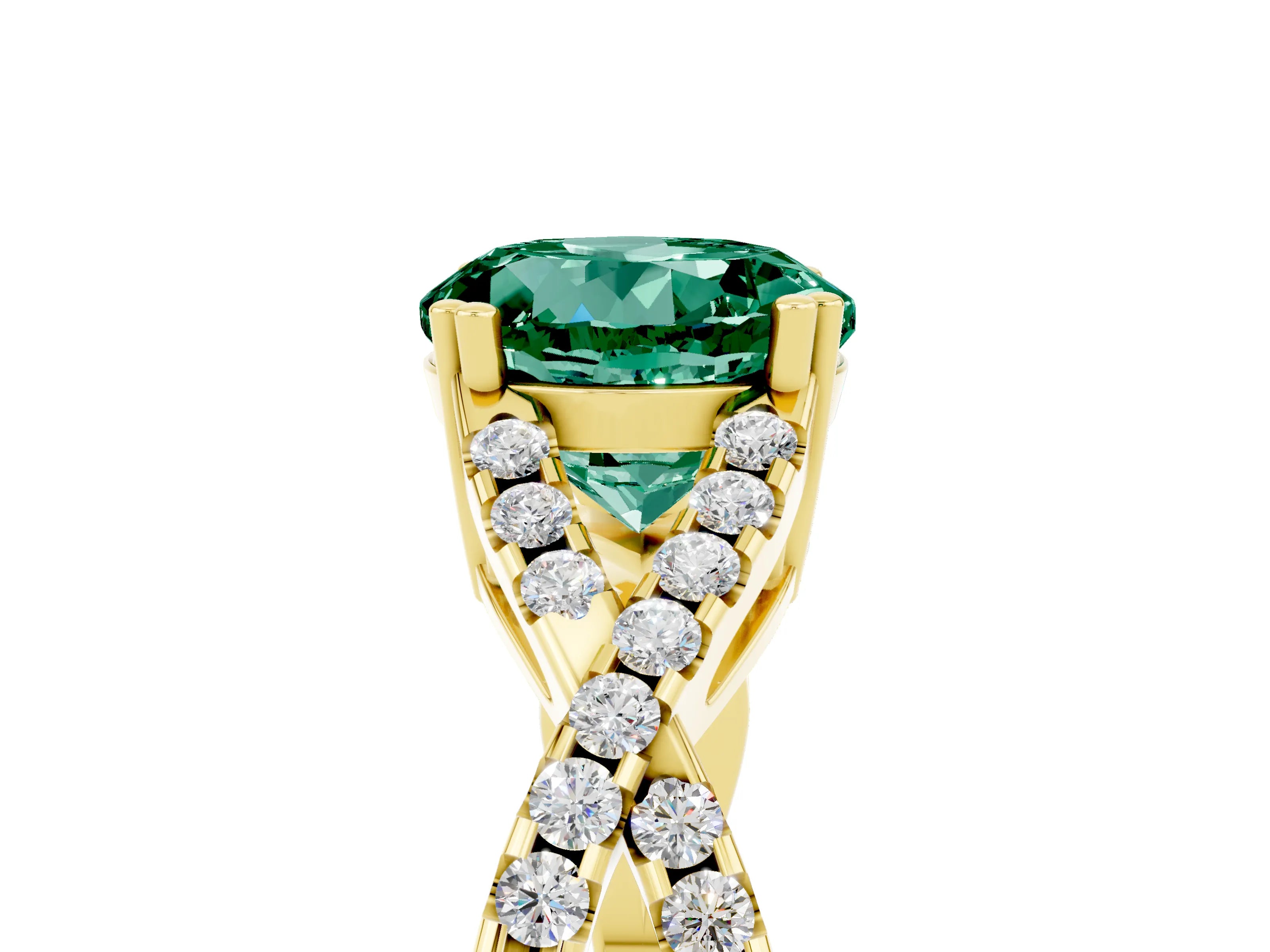 Yellow gold Round Cut Green Sapphire Solitaire Ring with Four-Prong Setting and Twisted Pavé Band_5