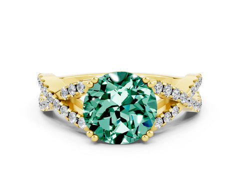 Yellow gold Round Cut Green Sapphire Solitaire Ring with Four-Prong Setting and Twisted Pavé Band