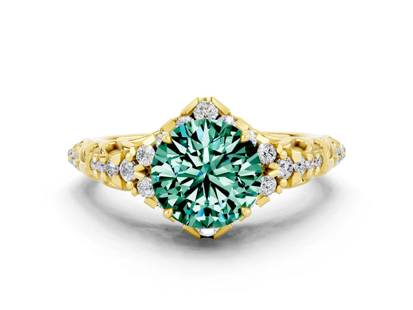 Yellow gold Round Cut Green Sapphire Solitaire Ring with Hidden Halo and Pavé Band