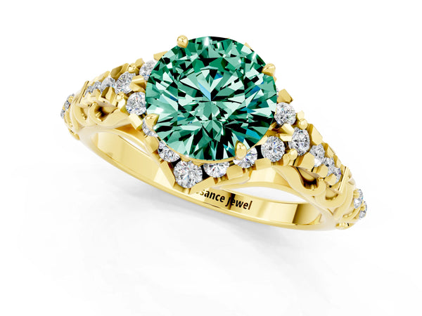 Yellow gold Round Cut Green Sapphire Solitaire Ring with Hidden Halo and Pavé Band