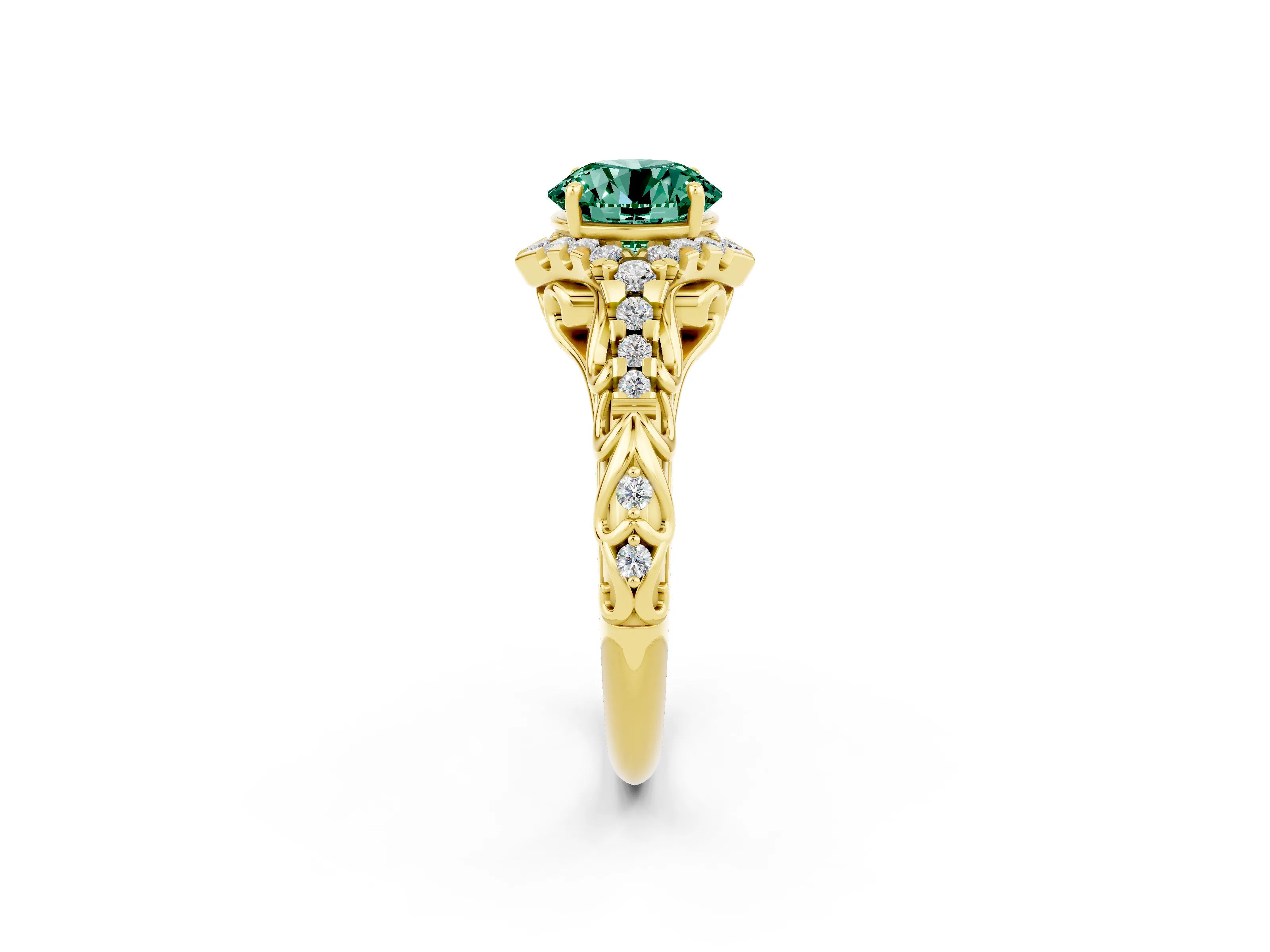 Yellow gold Round Cut Green Sapphire Solitaire Ring with Hidden Halo and Pavé Band_14