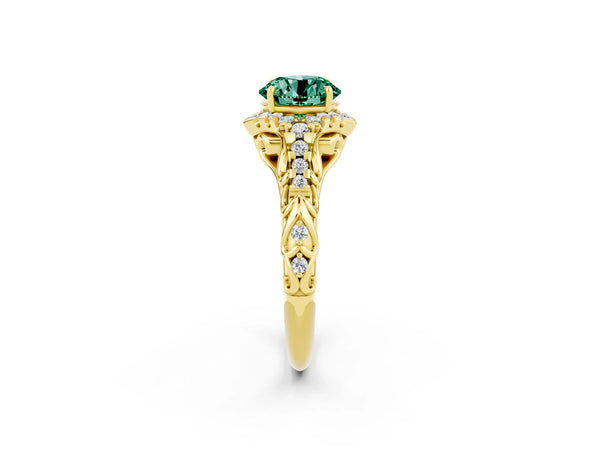 Yellow gold Round Cut Green Sapphire Solitaire Ring with Hidden Halo and Pavé Band
