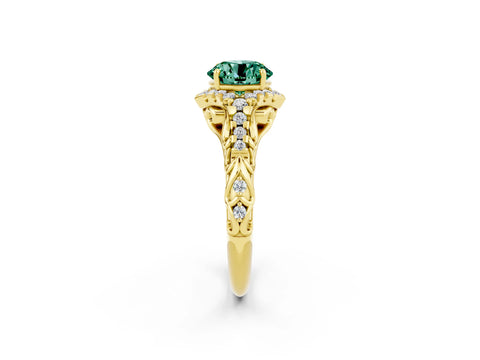 Yellow gold Round Cut Green Sapphire Solitaire Ring with Hidden Halo and Pavé Band_14