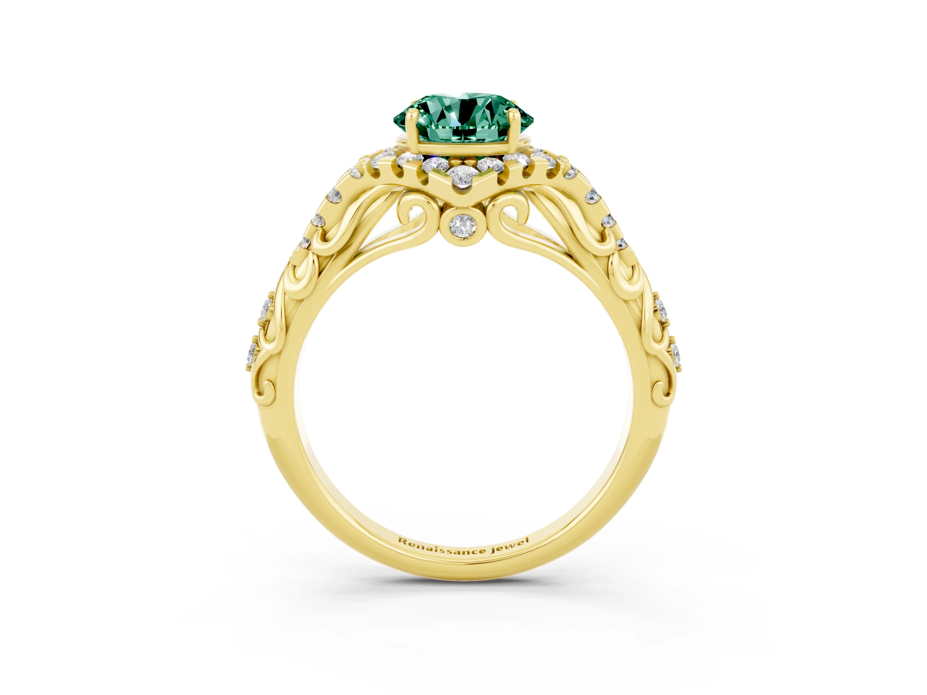 Yellow gold Round Cut Green Sapphire Solitaire Ring with Hidden Halo and Pavé Band_15