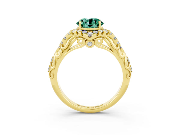 Yellow gold Round Cut Green Sapphire Solitaire Ring with Hidden Halo and Pavé Band