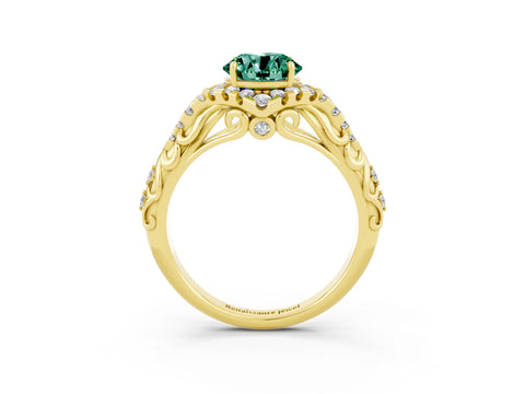Yellow gold Round Cut Green Sapphire Solitaire Ring with Hidden Halo and Pavé Band_15
