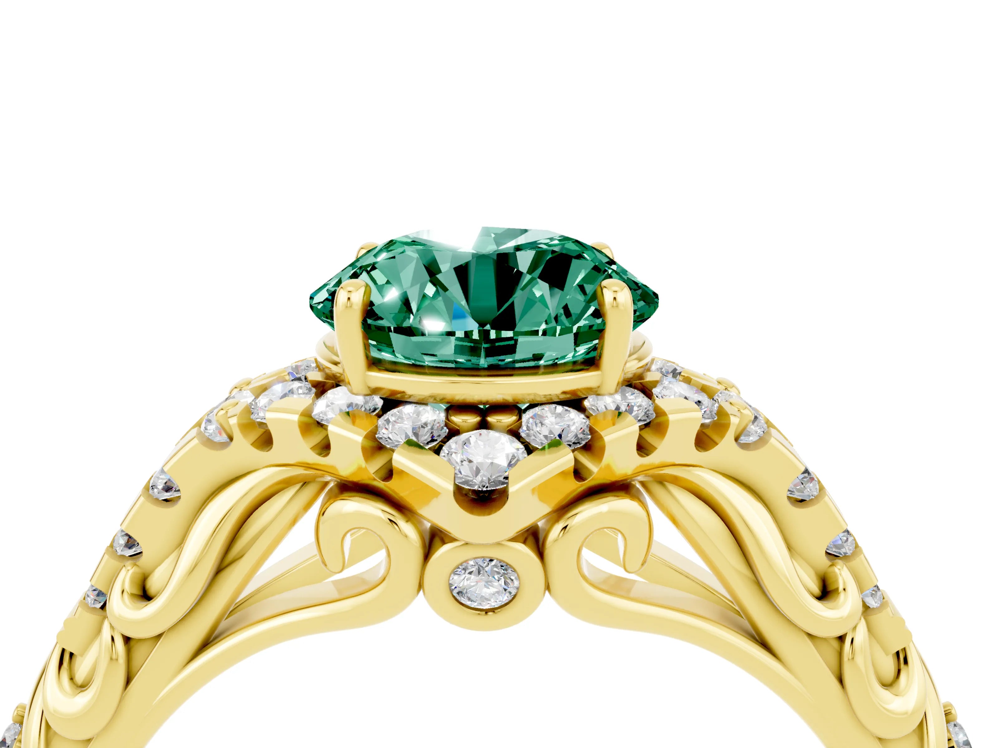 Yellow gold Round Cut Green Sapphire Solitaire Ring with Hidden Halo and Pavé Band_16