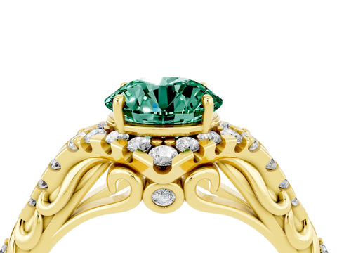 Yellow gold Round Cut Green Sapphire Solitaire Ring with Hidden Halo and Pavé Band_16