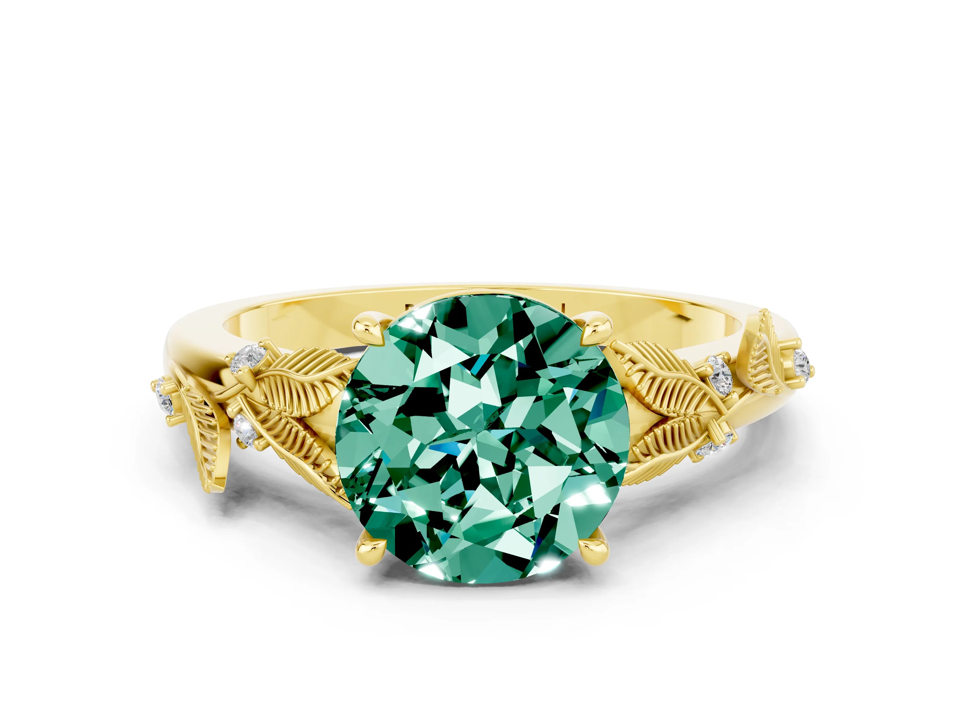 Yellow gold Round Cut Green Sapphire Solitaire Ring with Leaf Motif Band and Four-Prong Setting