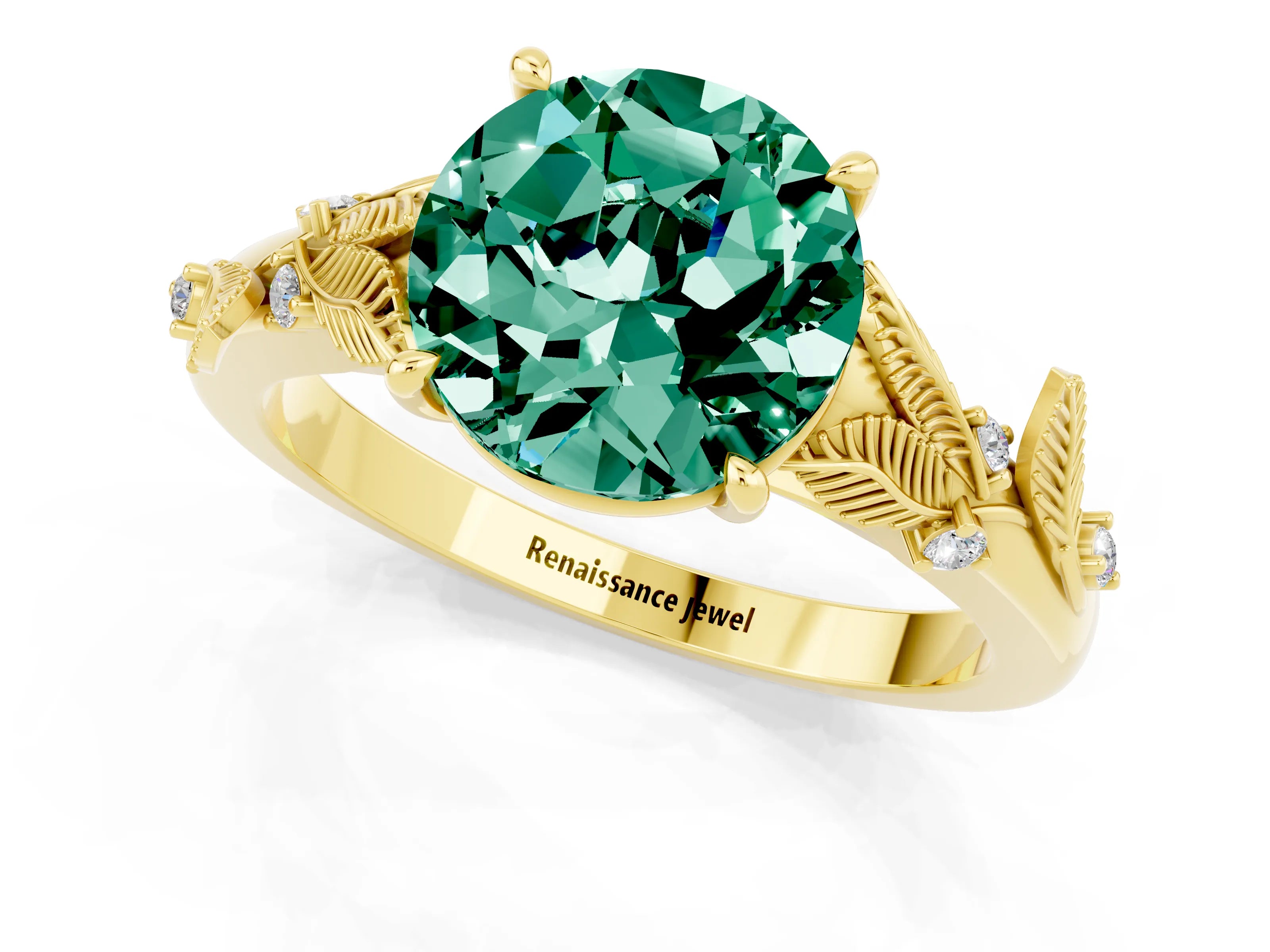 Yellow gold Round Cut Green Sapphire Solitaire Ring with Leaf Motif Band and Four-Prong Setting_1
