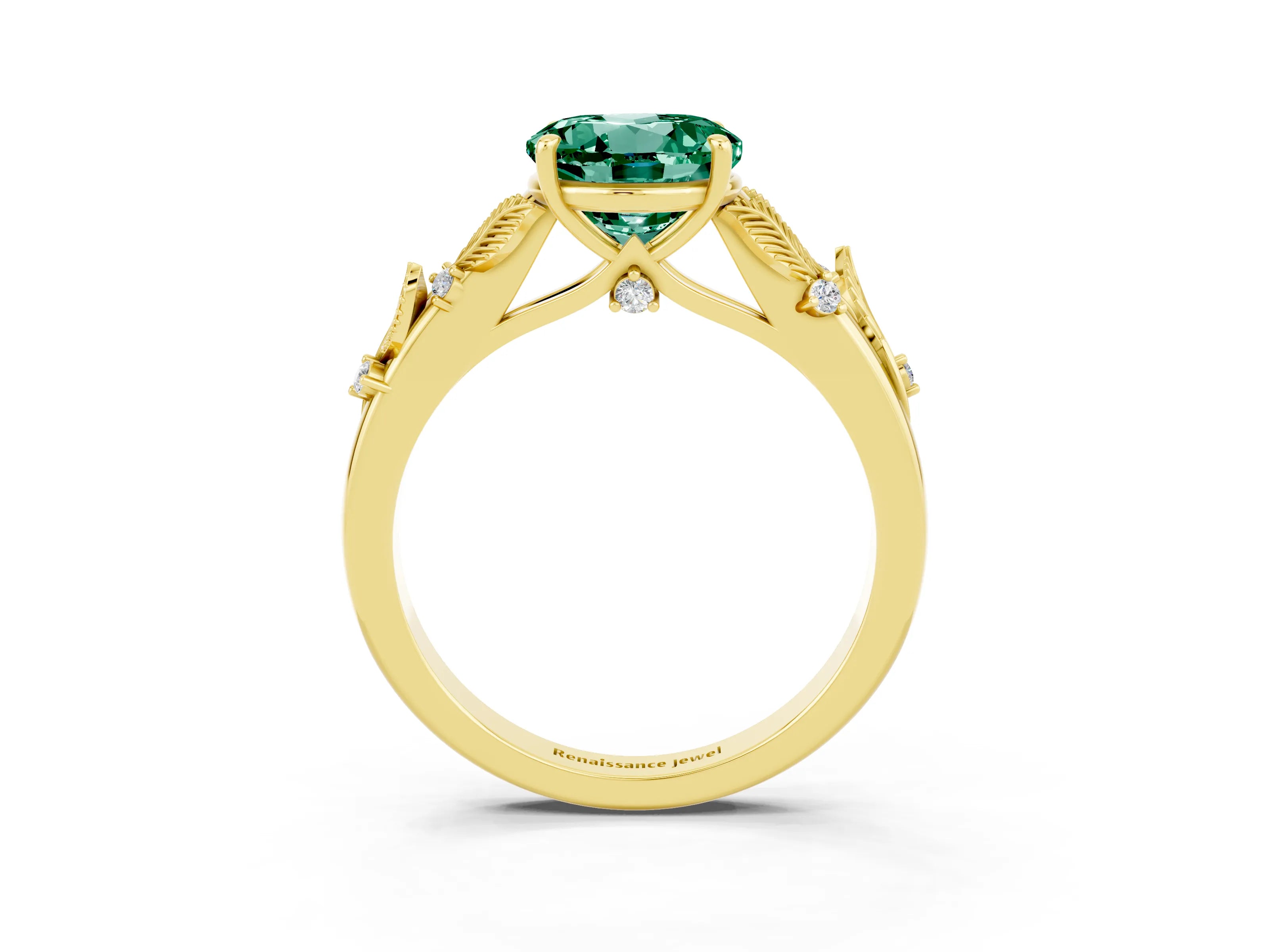Yellow gold Round Cut Green Sapphire Solitaire Ring with Leaf Motif Band and Four-Prong Setting_3