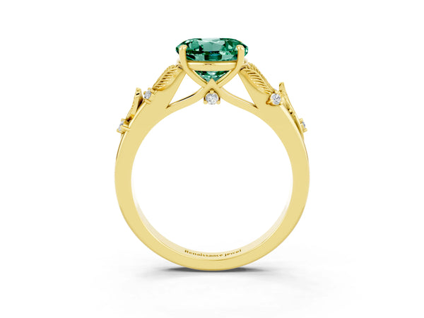 Yellow gold Round Cut Green Sapphire Solitaire Ring with Leaf Motif Band and Four-Prong Setting