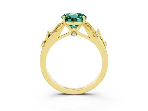 Yellow gold Round Cut Green Sapphire Solitaire Ring with Leaf Motif Band and Four-Prong Setting_3