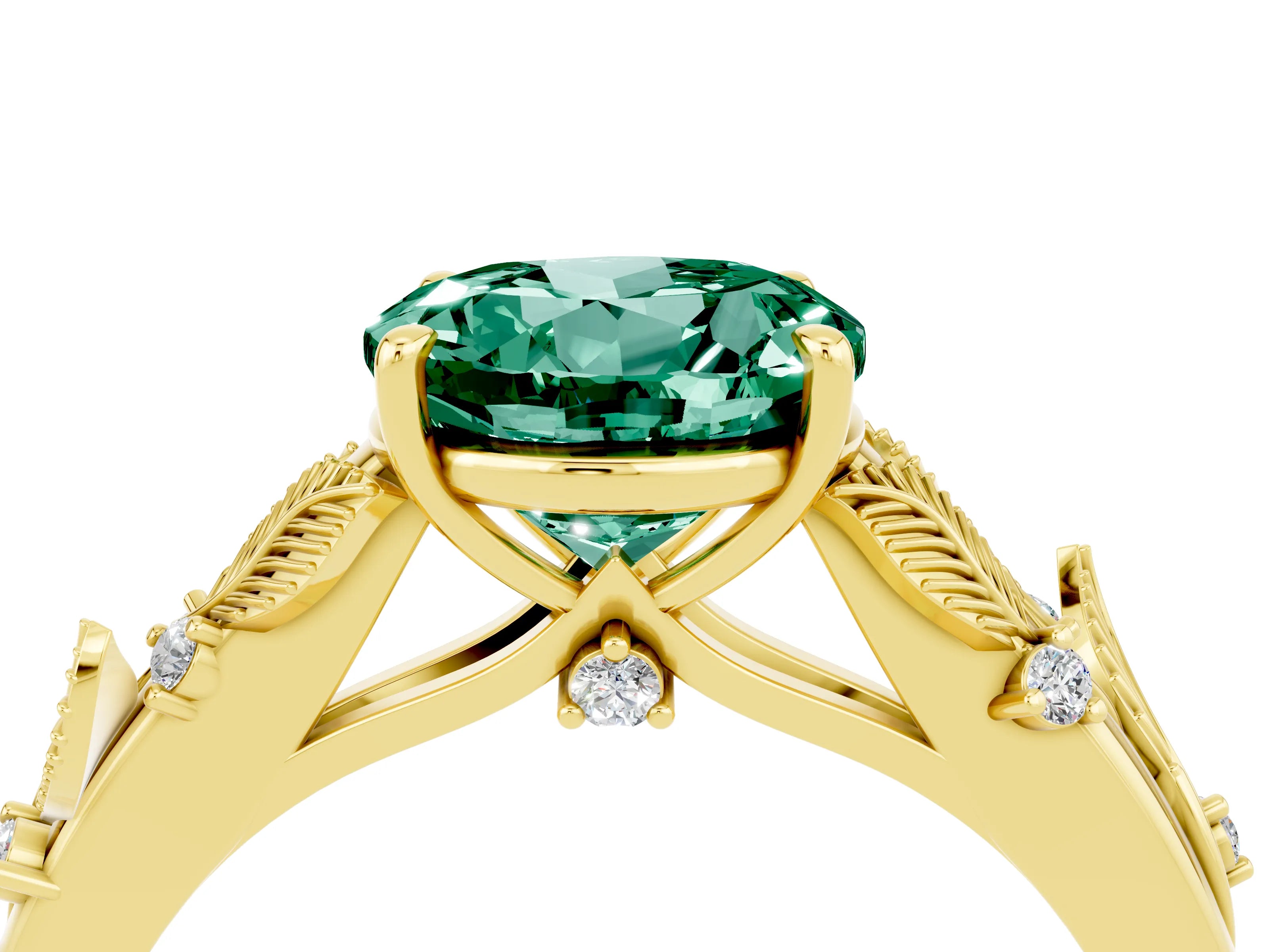 Yellow gold Round Cut Green Sapphire Solitaire Ring with Leaf Motif Band and Four-Prong Setting_4