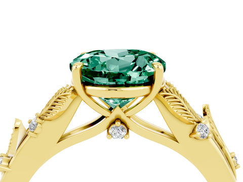 Yellow gold Round Cut Green Sapphire Solitaire Ring with Leaf Motif Band and Four-Prong Setting_4