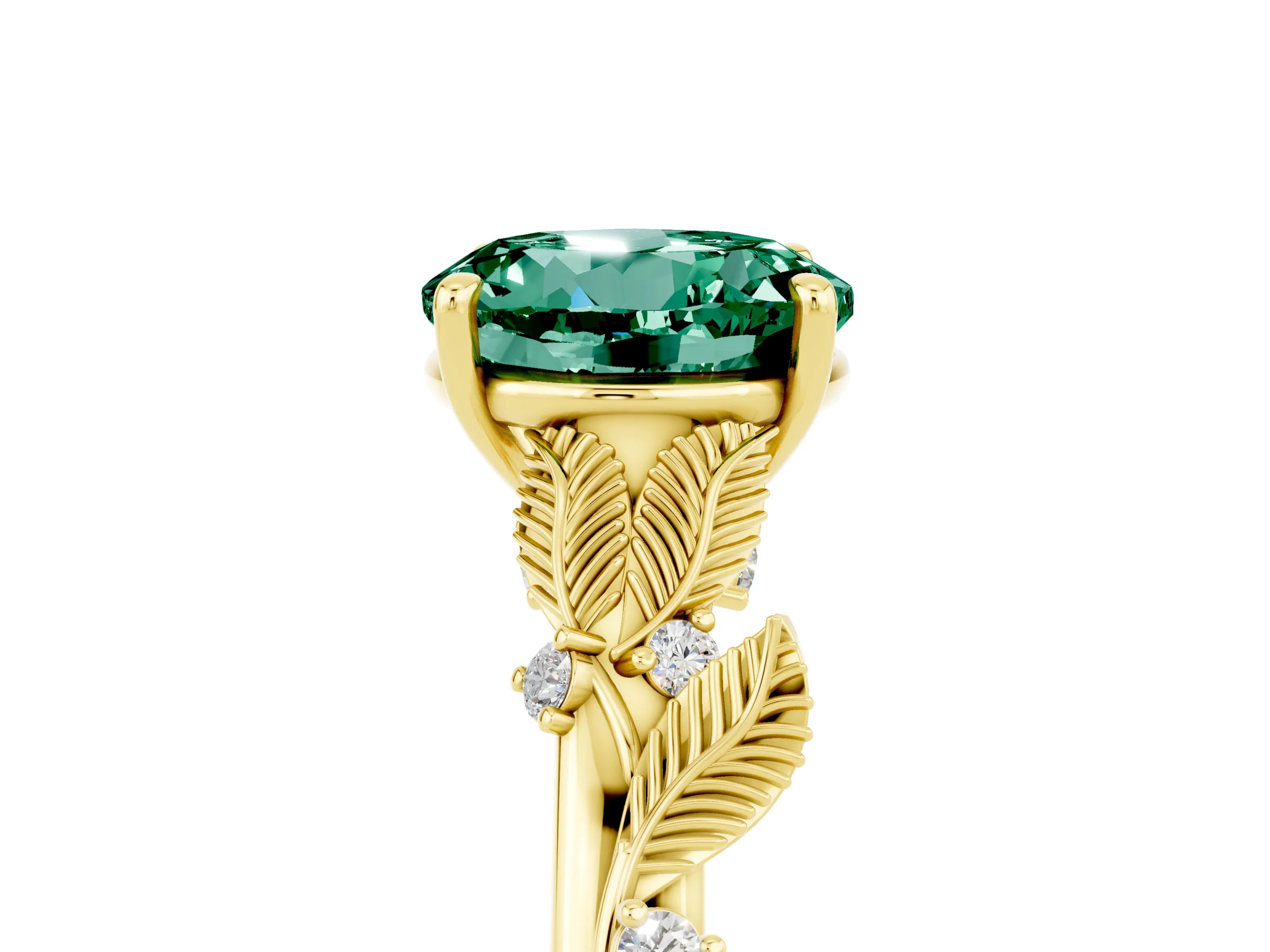 Yellow gold Round Cut Green Sapphire Solitaire Ring with Leaf Motif Band and Four-Prong Setting_5