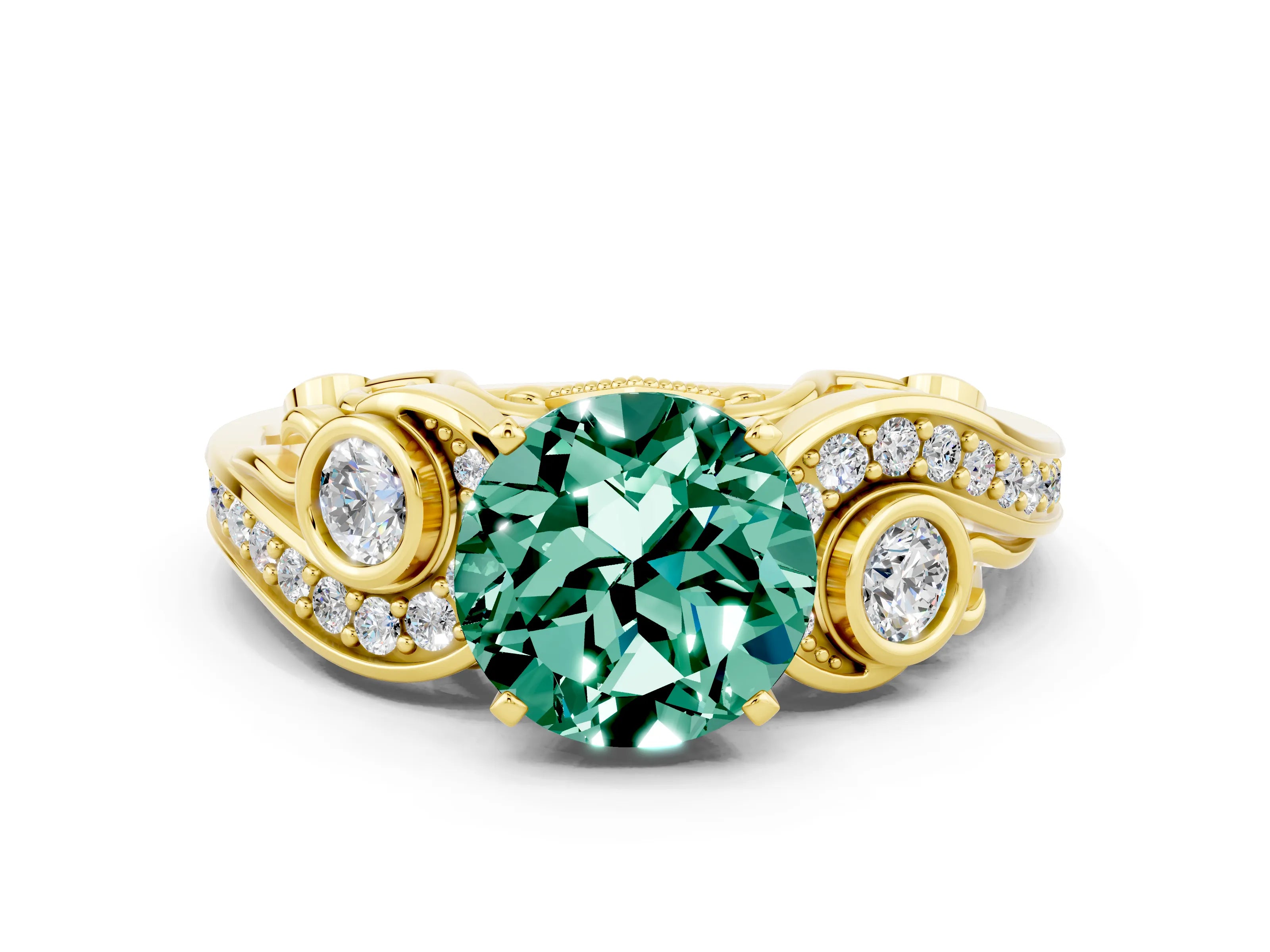 Yellow gold Round Cut Green Sapphire Solitaire Ring with Milgrain Pavé Band and Four-Prong Setting_24
