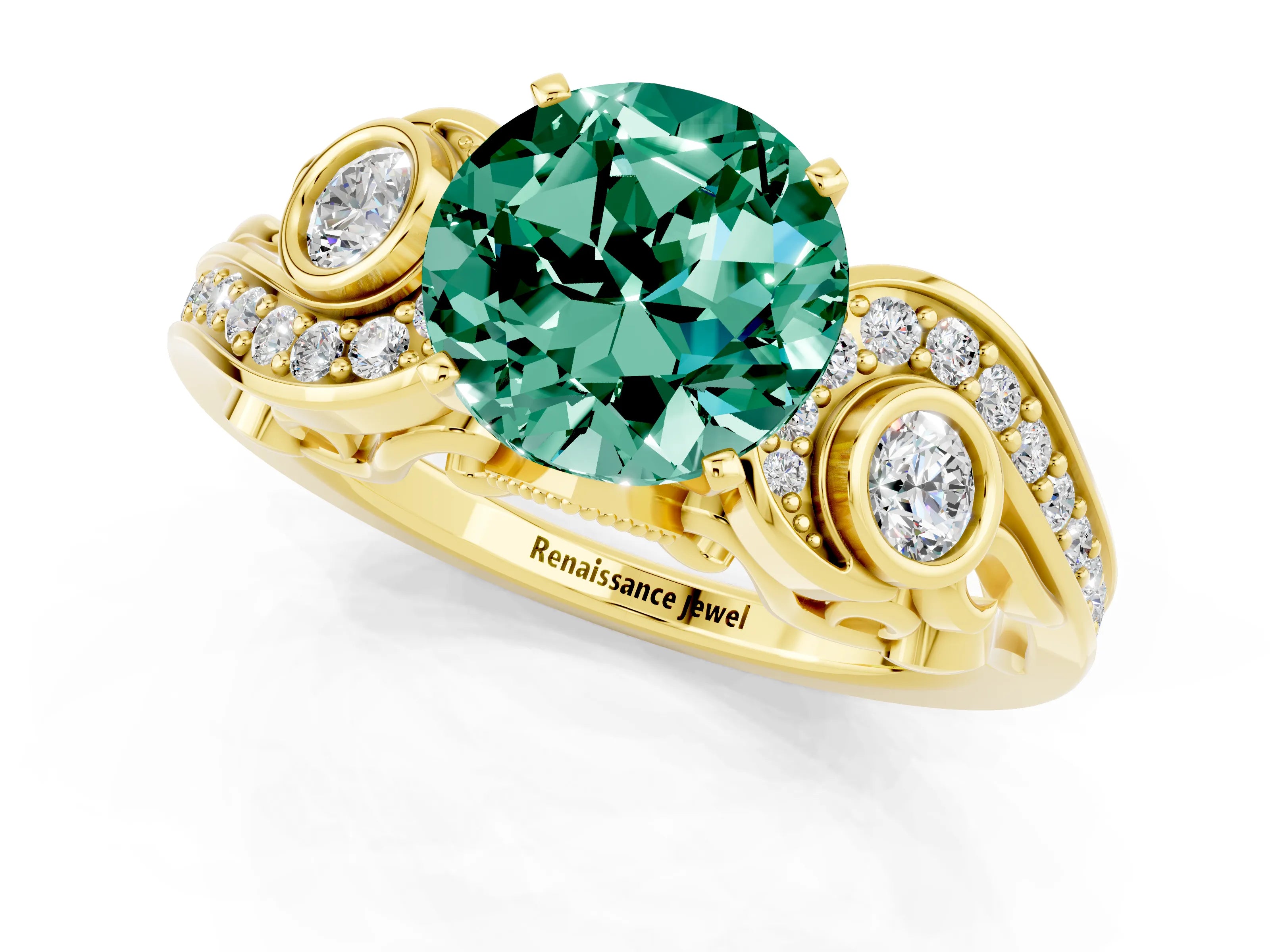 Yellow gold Round Cut Green Sapphire Solitaire Ring with Milgrain Pavé Band and Four-Prong Setting_25