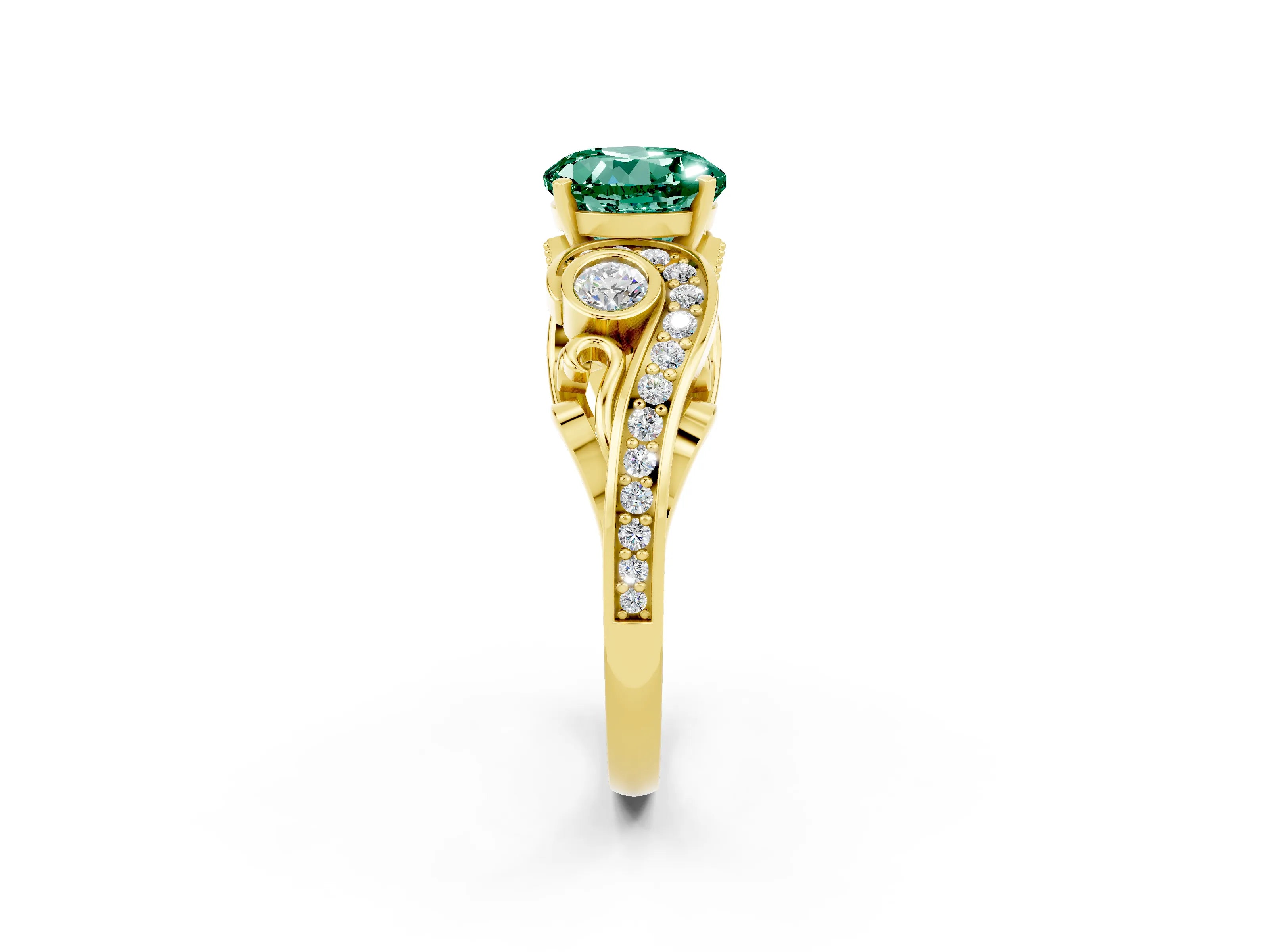 Yellow gold Round Cut Green Sapphire Solitaire Ring with Milgrain Pavé Band and Four-Prong Setting_26
