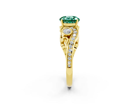Yellow gold Round Cut Green Sapphire Solitaire Ring with Milgrain Pavé Band and Four-Prong Setting_26
