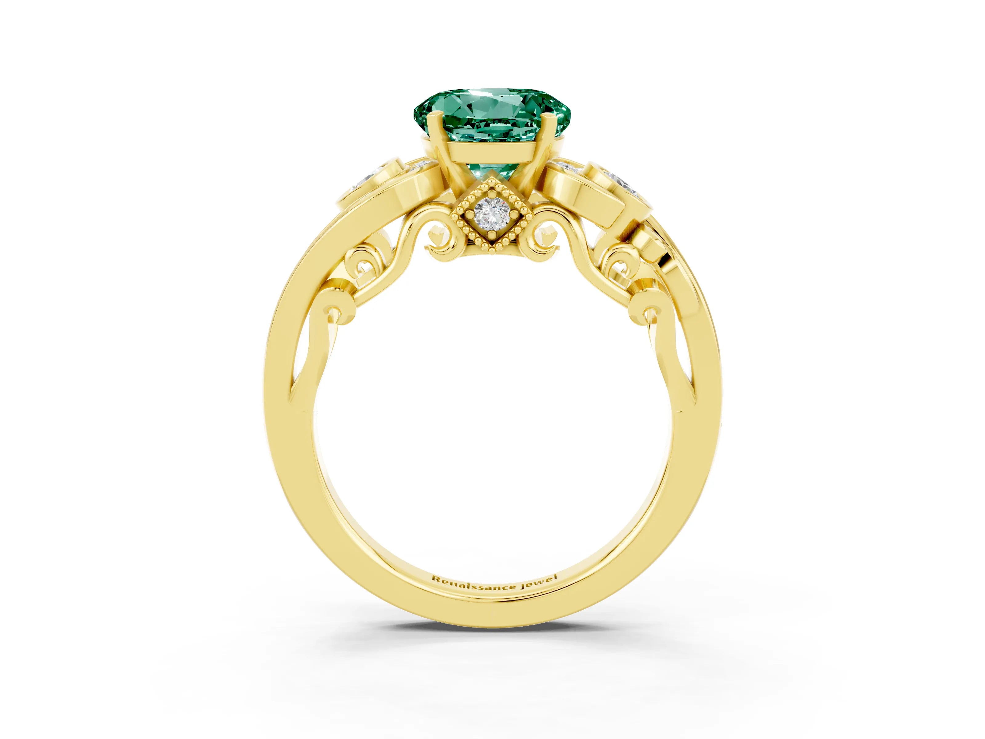 Yellow gold Round Cut Green Sapphire Solitaire Ring with Milgrain Pavé Band and Four-Prong Setting_27
