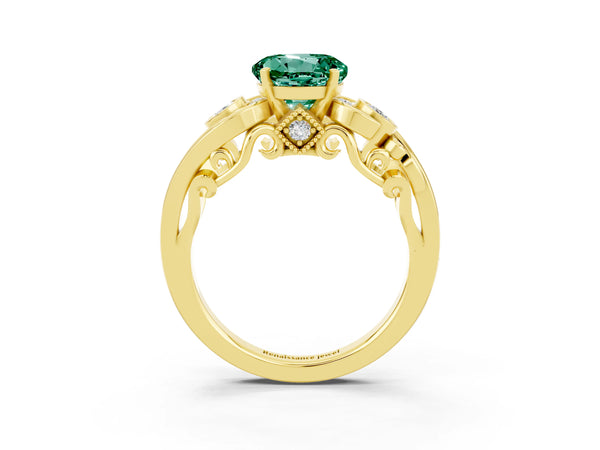 Yellow gold Round Cut Green Sapphire Solitaire Ring with Milgrain Pavé Band and Four-Prong Setting