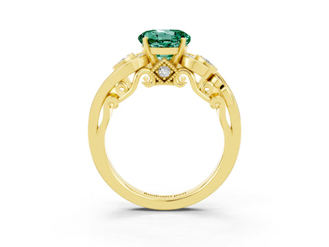 Yellow gold Round Cut Green Sapphire Solitaire Ring with Milgrain Pavé Band and Four-Prong Setting_27