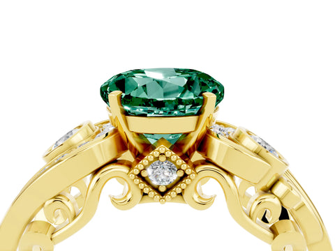 Yellow gold Round Cut Green Sapphire Solitaire Ring with Milgrain Pavé Band and Four-Prong Setting_28