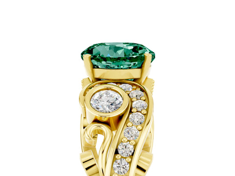Yellow gold Round Cut Green Sapphire Solitaire Ring with Milgrain Pavé Band and Four-Prong Setting_29