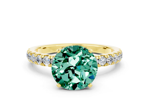 Yellow gold Round Cut Green Sapphire Solitaire Ring with Pavé Accents and Four-Prong Setting