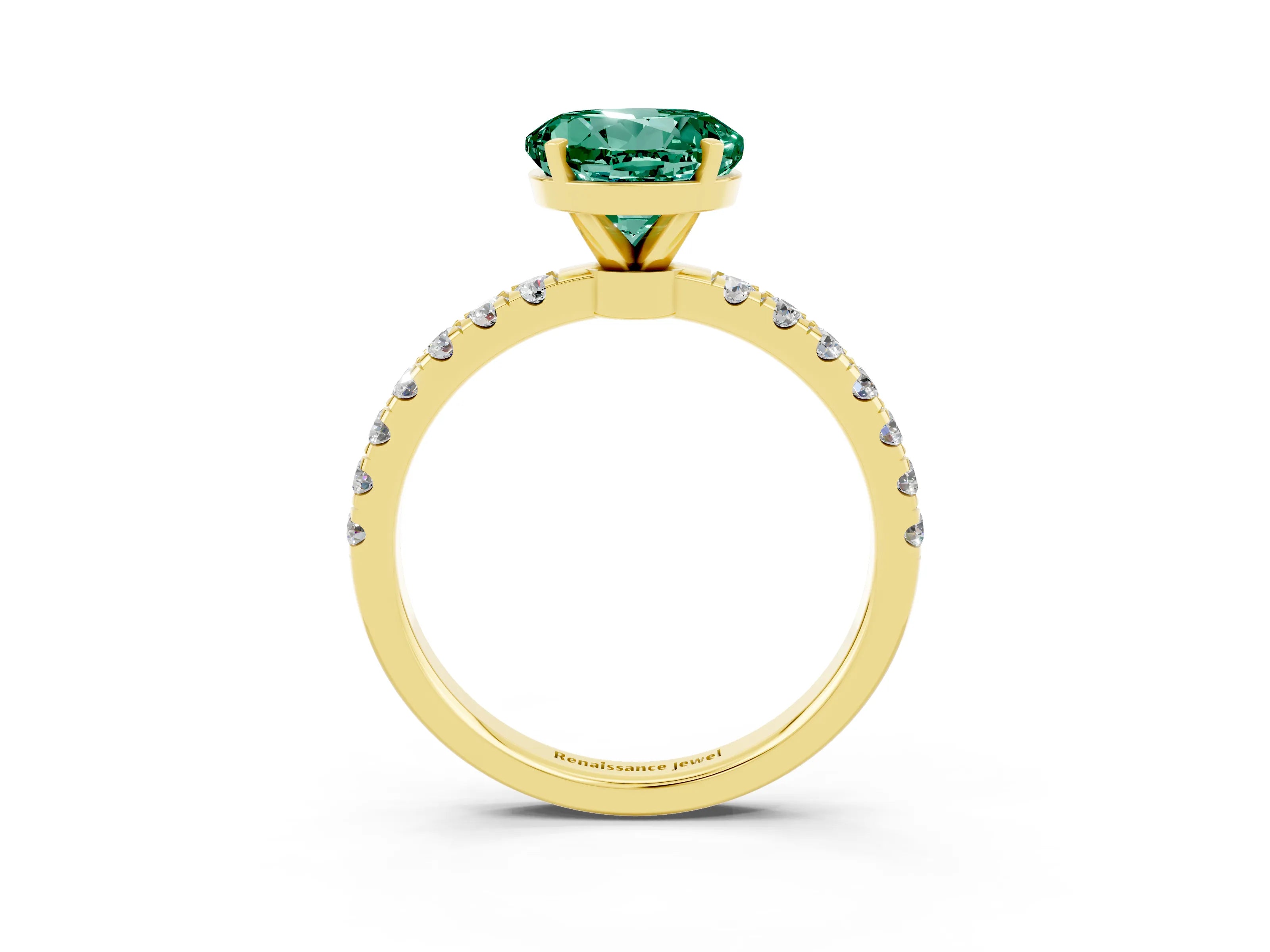 Yellow gold Round Cut Green Sapphire Solitaire Ring with Pavé Accents and Four-Prong Setting_3