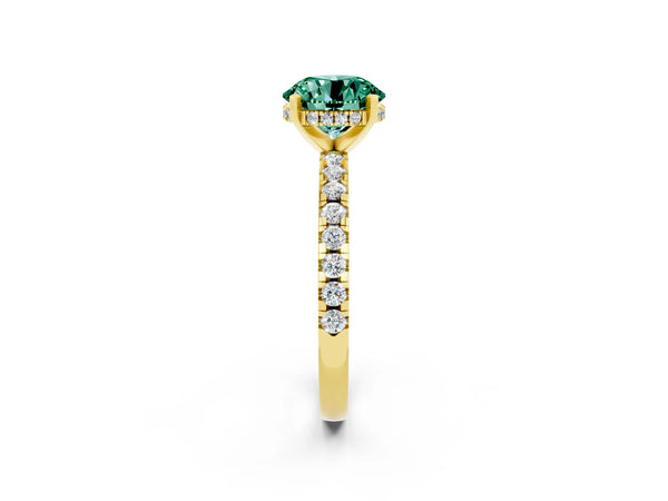 Yellow gold Round Cut Green Sapphire Solitaire Ring with Round  Pavé Band and Four-Prong Setting