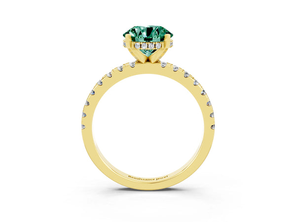 Yellow gold Round Cut Green Sapphire Solitaire Ring with Round  Pavé Band and Four-Prong Setting