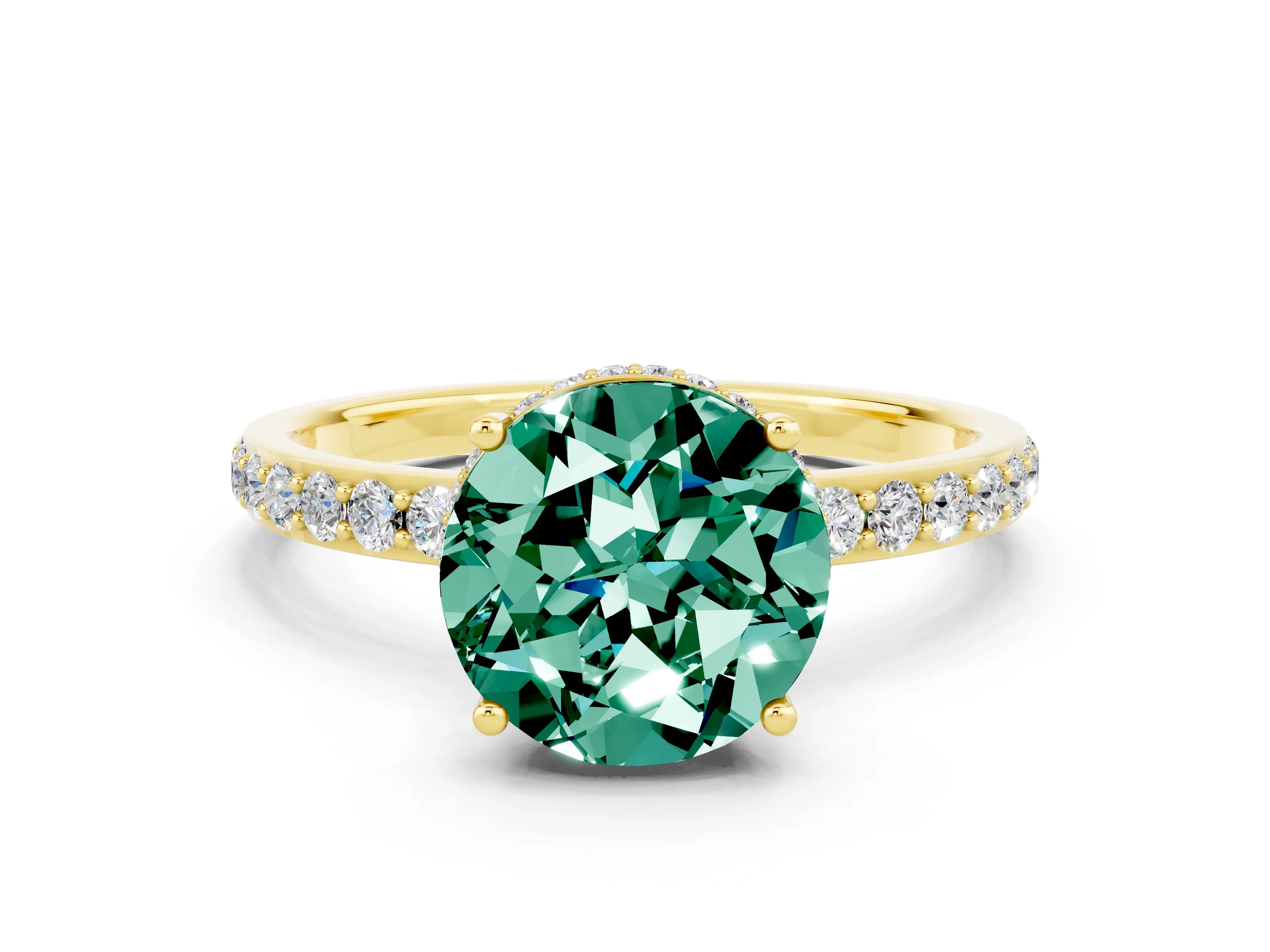 Yellow gold Round Cut Green Sapphire Solitaire Ring with Pavé Band and Hidden Halo_12