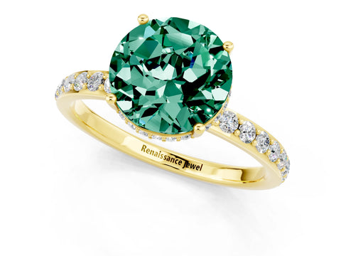 Yellow gold Round Cut Green Sapphire Solitaire Ring with Pavé Band and Hidden Halo_13