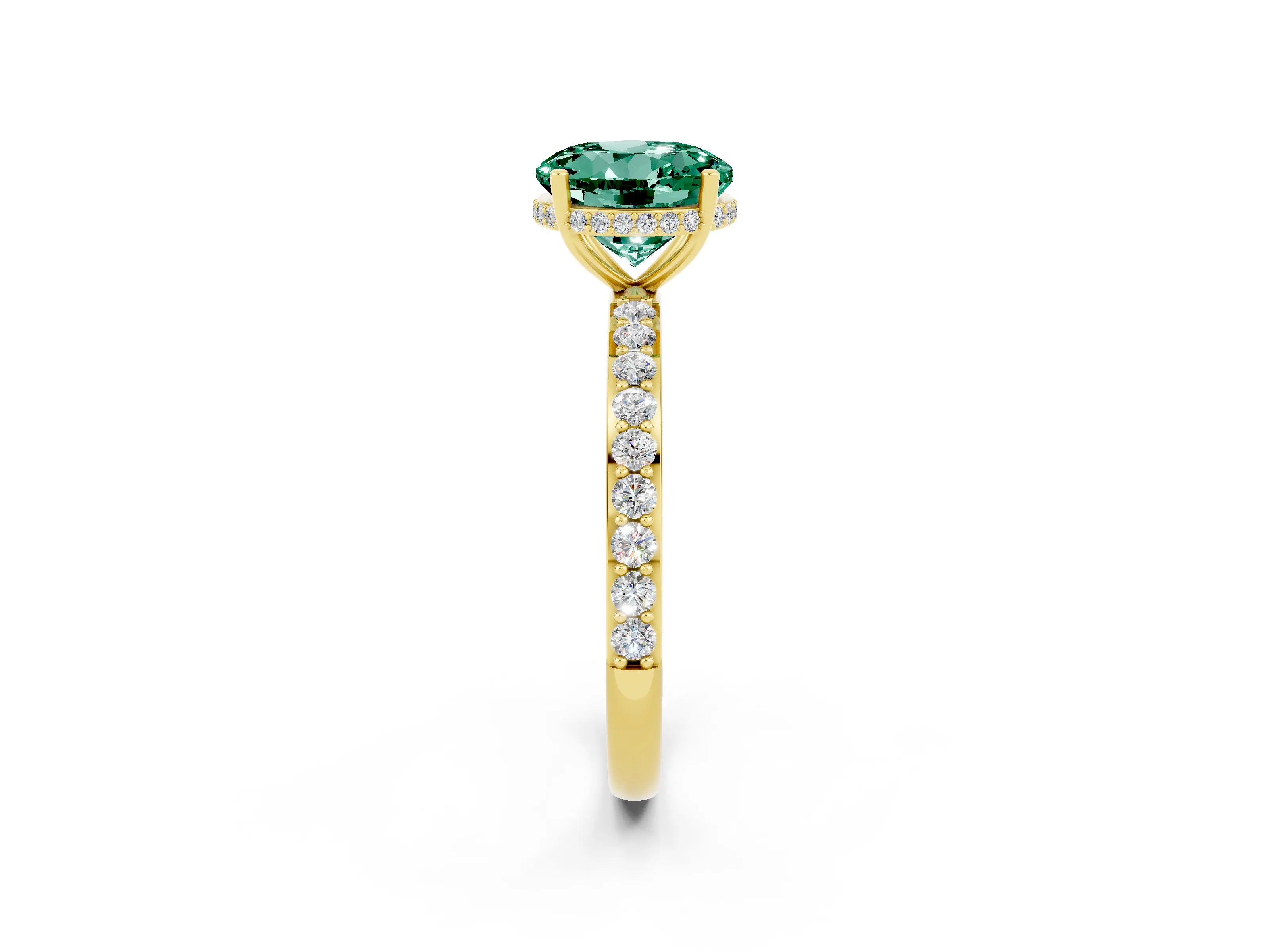 Yellow gold Round Cut Green Sapphire Solitaire Ring with Pavé Band and Hidden Halo_14