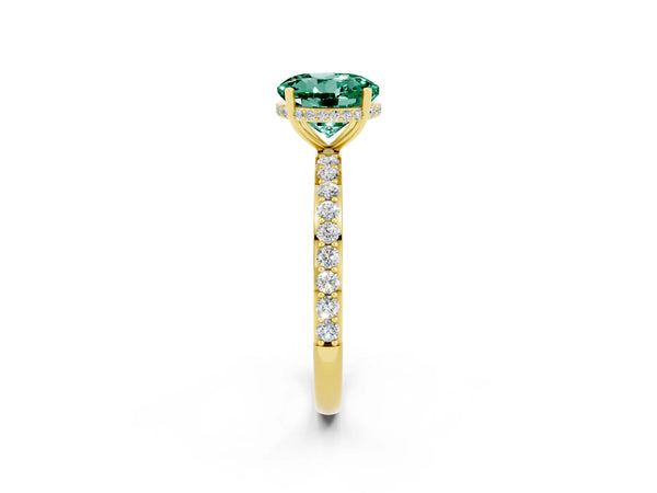 Yellow gold Round Cut Green Sapphire Solitaire Ring with Pavé Band and Hidden Halo