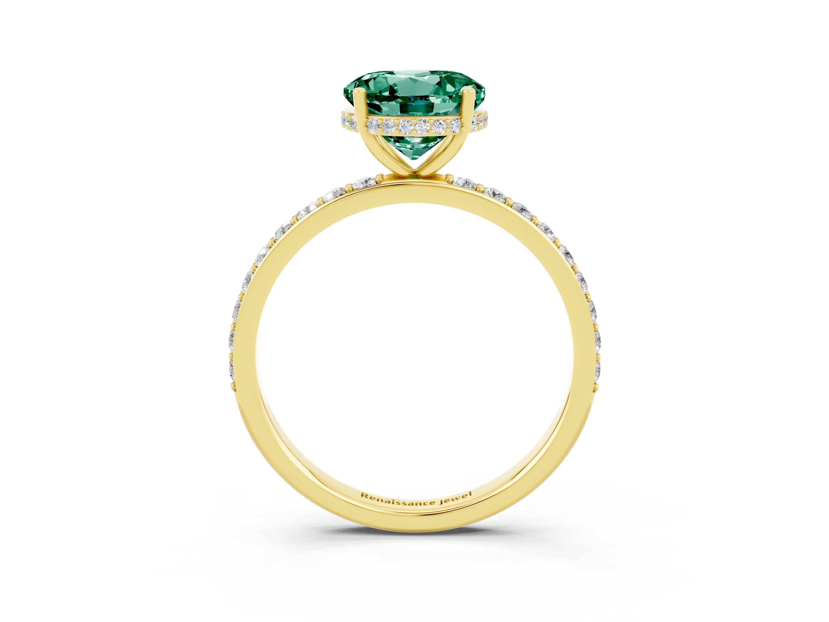 Yellow gold Round Cut Green Sapphire Solitaire Ring with Pavé Band and Hidden Halo_15