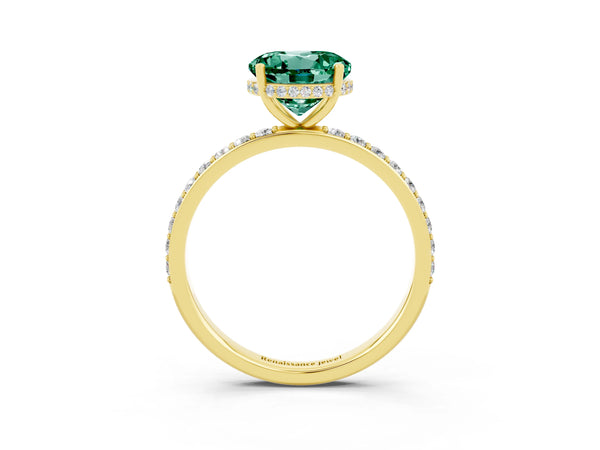 Yellow gold Round Cut Green Sapphire Solitaire Ring with Pavé Band and Hidden Halo