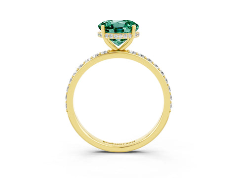 Yellow gold Round Cut Green Sapphire Solitaire Ring with Pavé Band and Hidden Halo_15