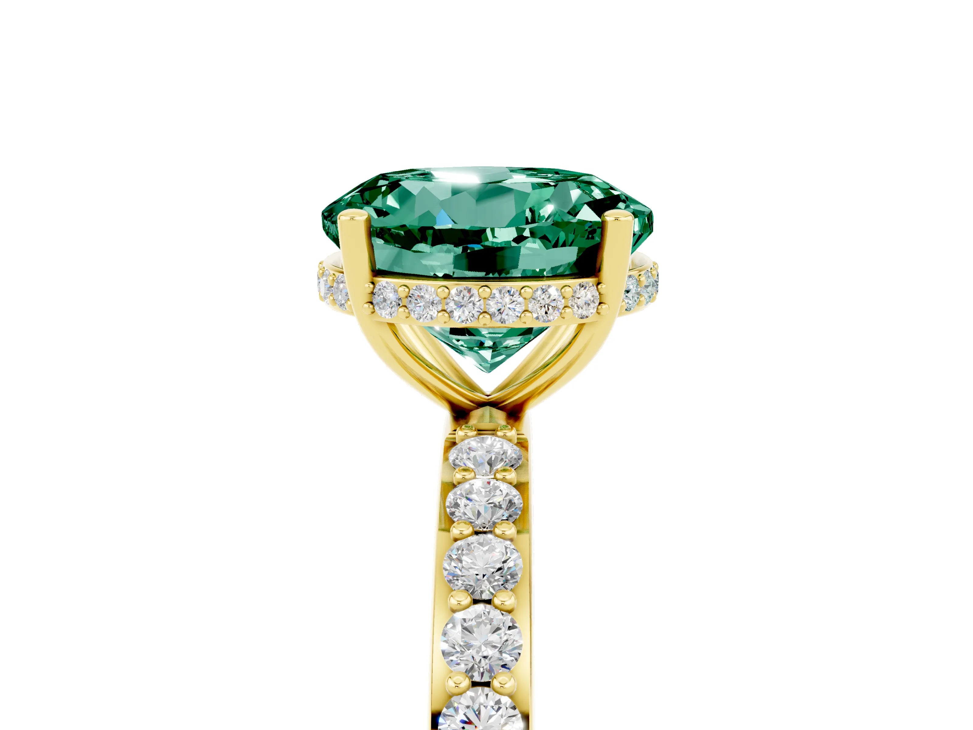 Yellow gold Round Cut Green Sapphire Solitaire Ring with Pavé Band and Hidden Halo_17