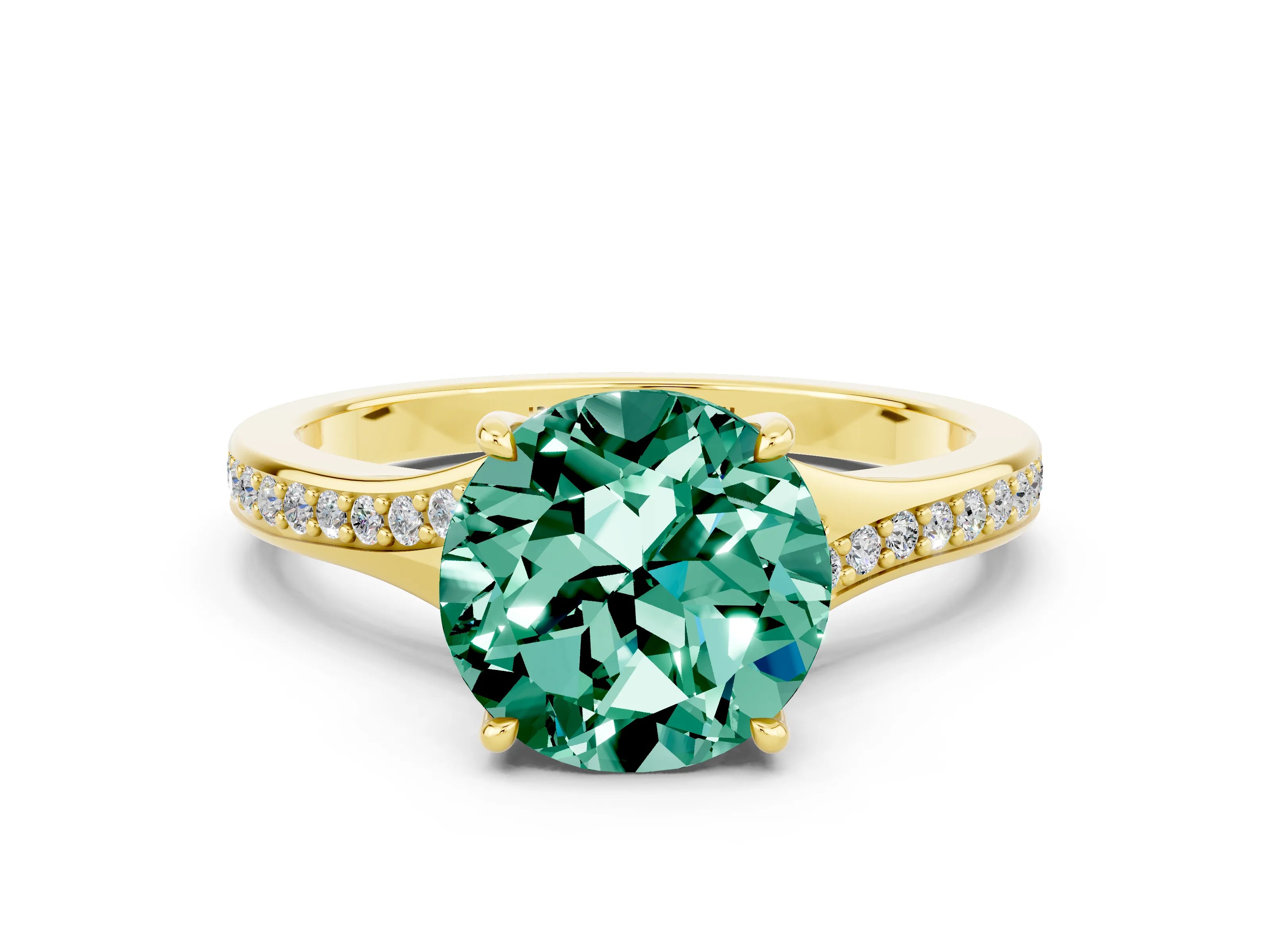Yellow gold Round Cut Green Sapphire Solitaire Ring with Pavé Band and Prong Setting_12
