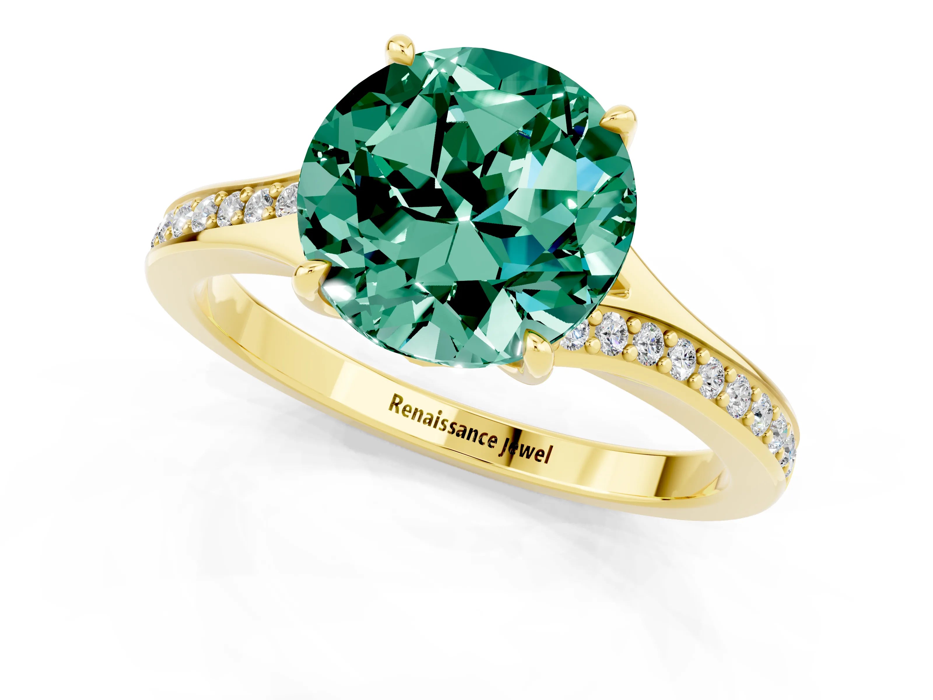 Yellow gold Round Cut Green Sapphire Solitaire Ring with Pavé Band and Prong Setting_13